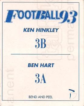 1993 Select AFL Stickers #3 Ben Hart / Ken Hinkley Back